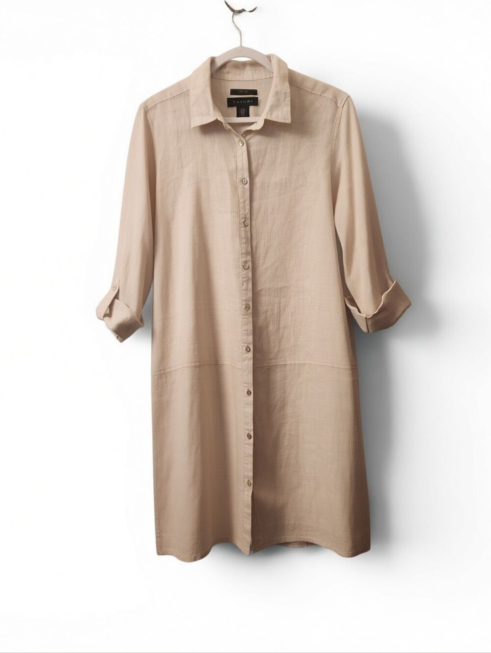 Tahari Beige Long Button-Front Linen Shirt Dress
